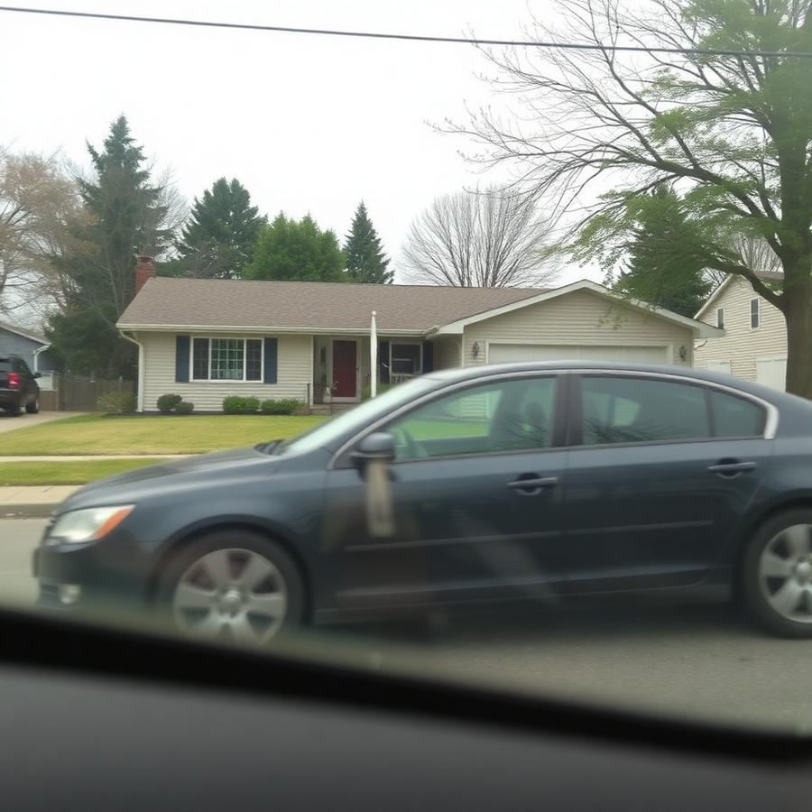 Amateur photo of a house from a car