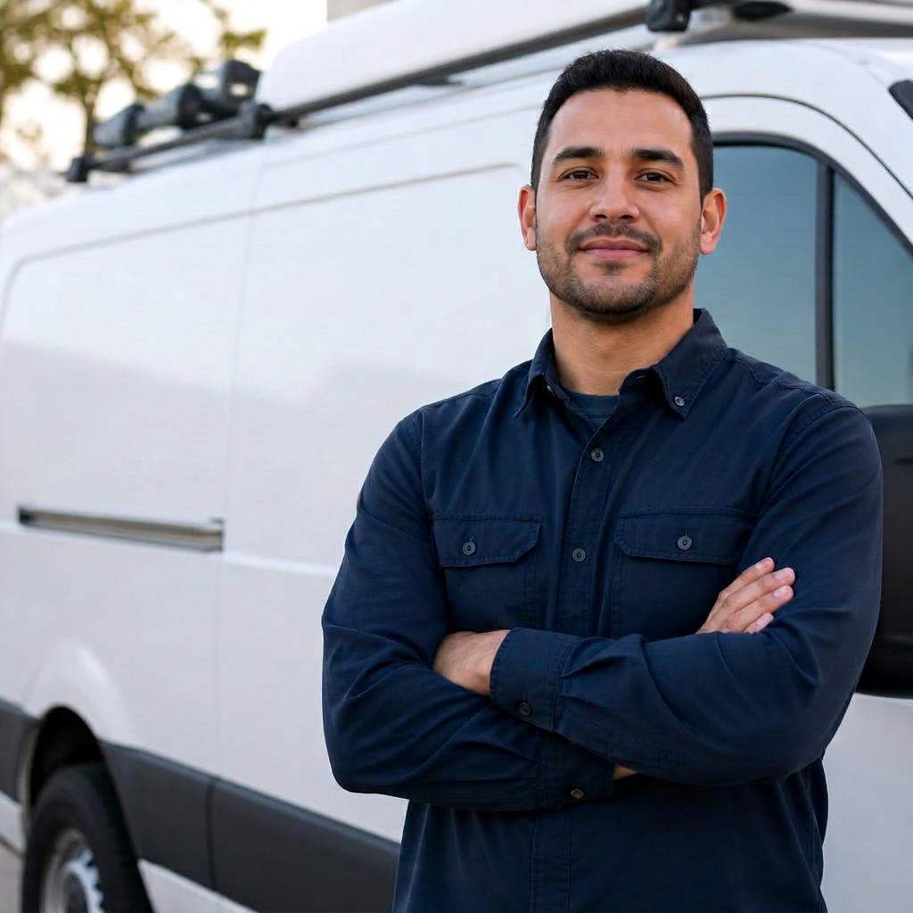 Concept announcement post featuring a business owner and service van