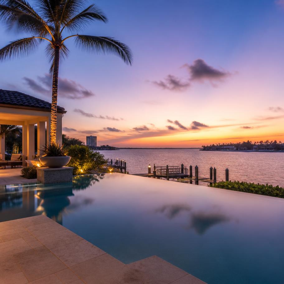 Waterfront pool at sunset
