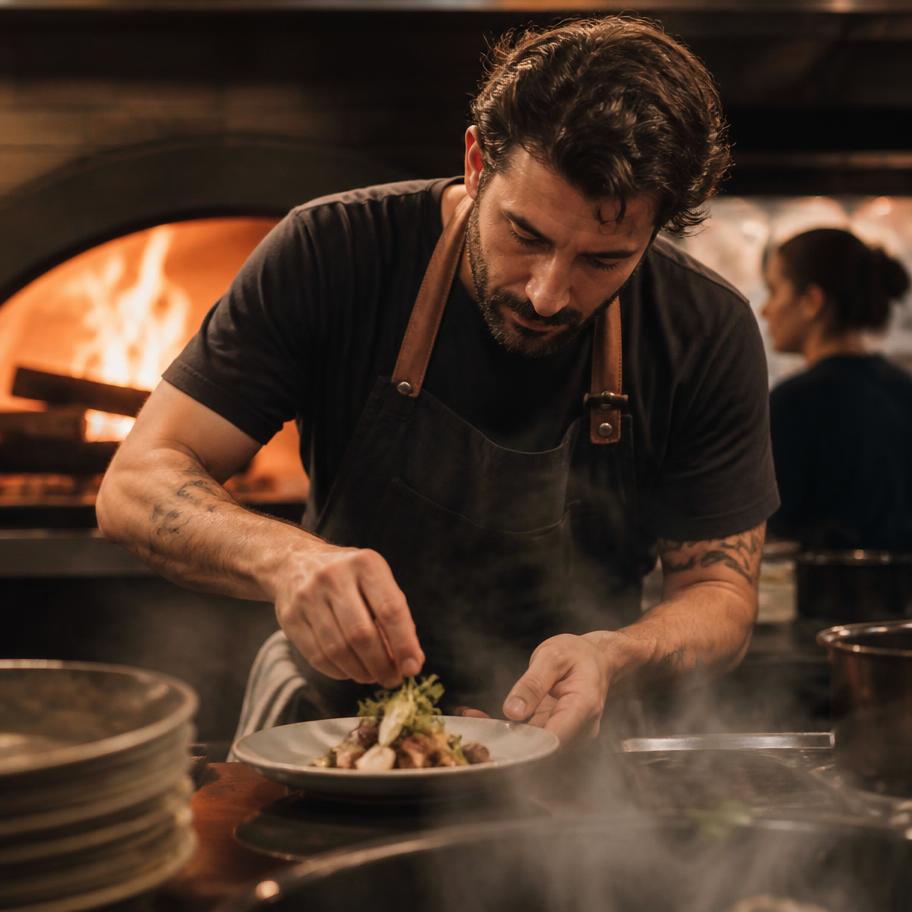 Chef plating a dish by a wood-fired oven
