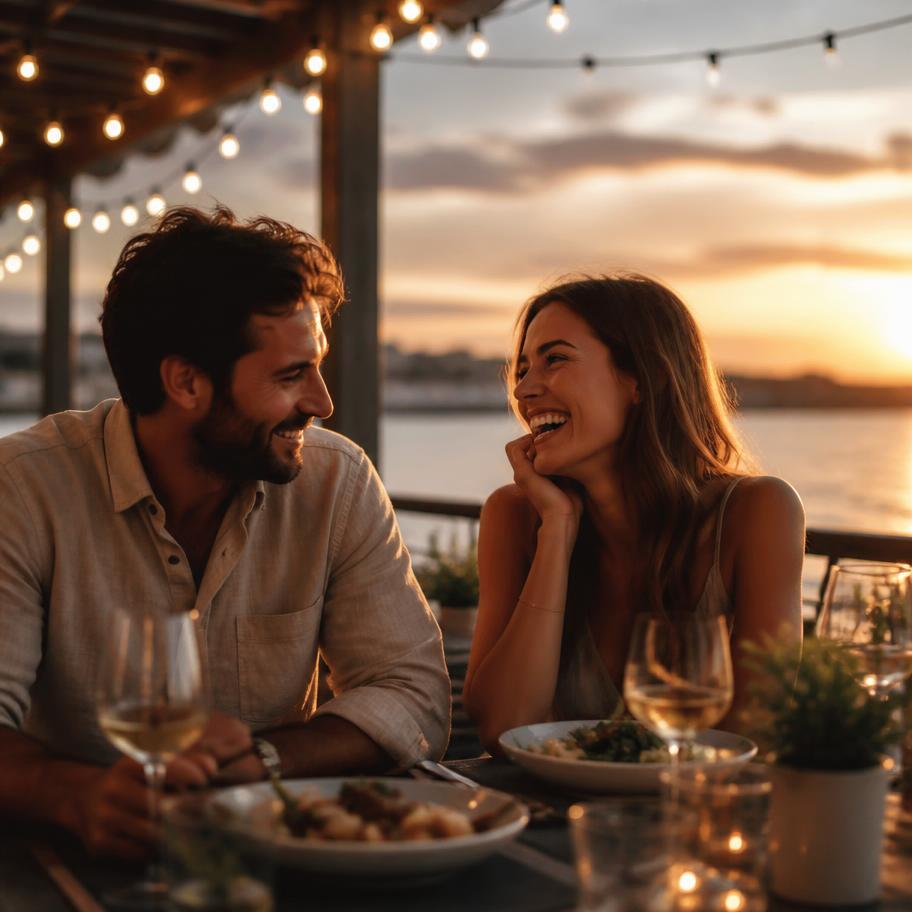 Guests dining on a waterfront patio